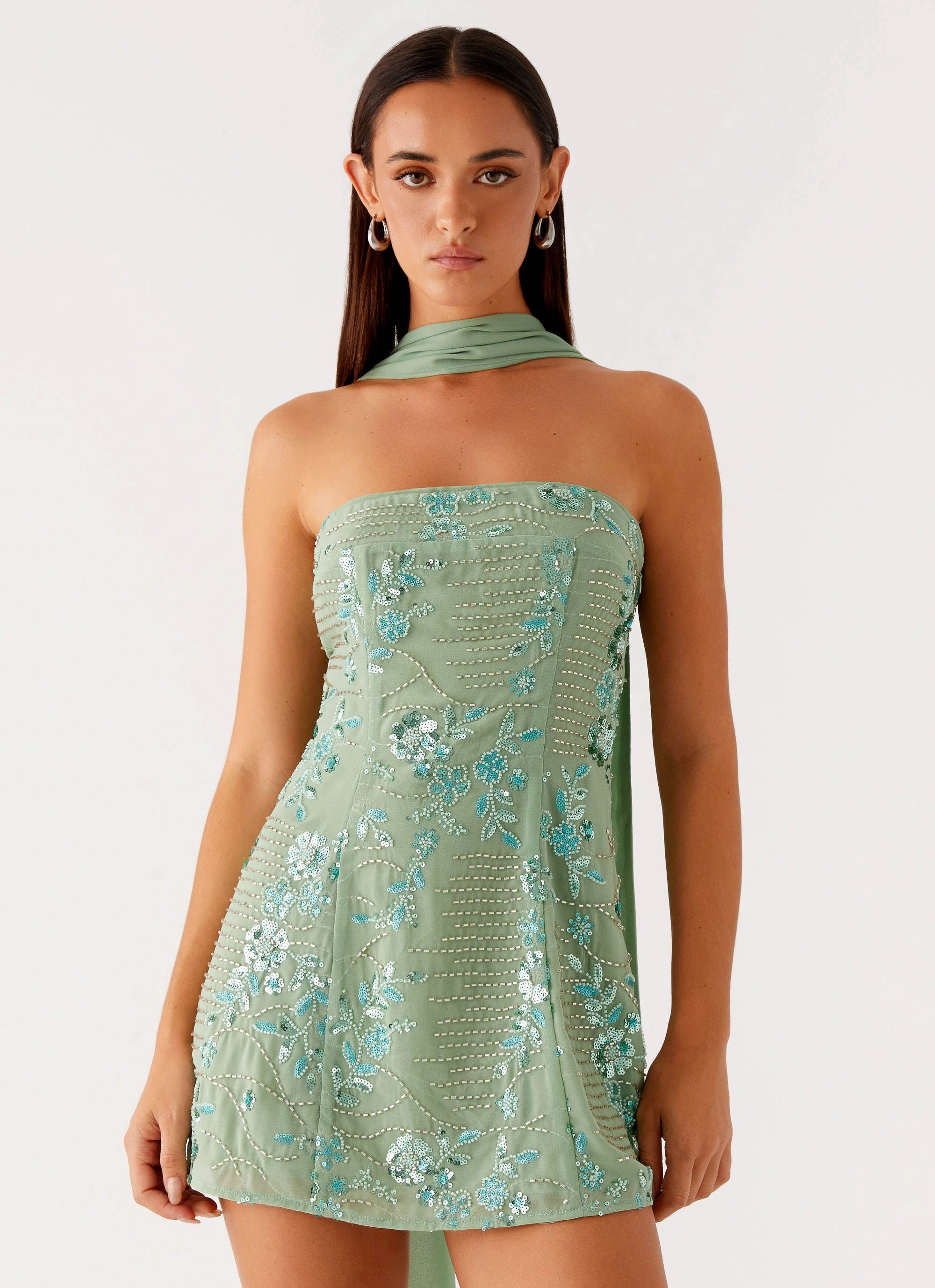 Kiesha Strapless Scarf Mini Dress - Mint