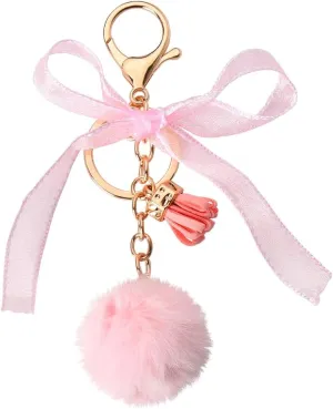 Kilener Bow Keychain Fur Ball Key Chains Fluffy Accessories for Women Girls Pink Bow Keychains Tassel Keychain for Women Bag Purse Charm Keyring Car Key Chain Lace Bow Tie Keychain Accessories