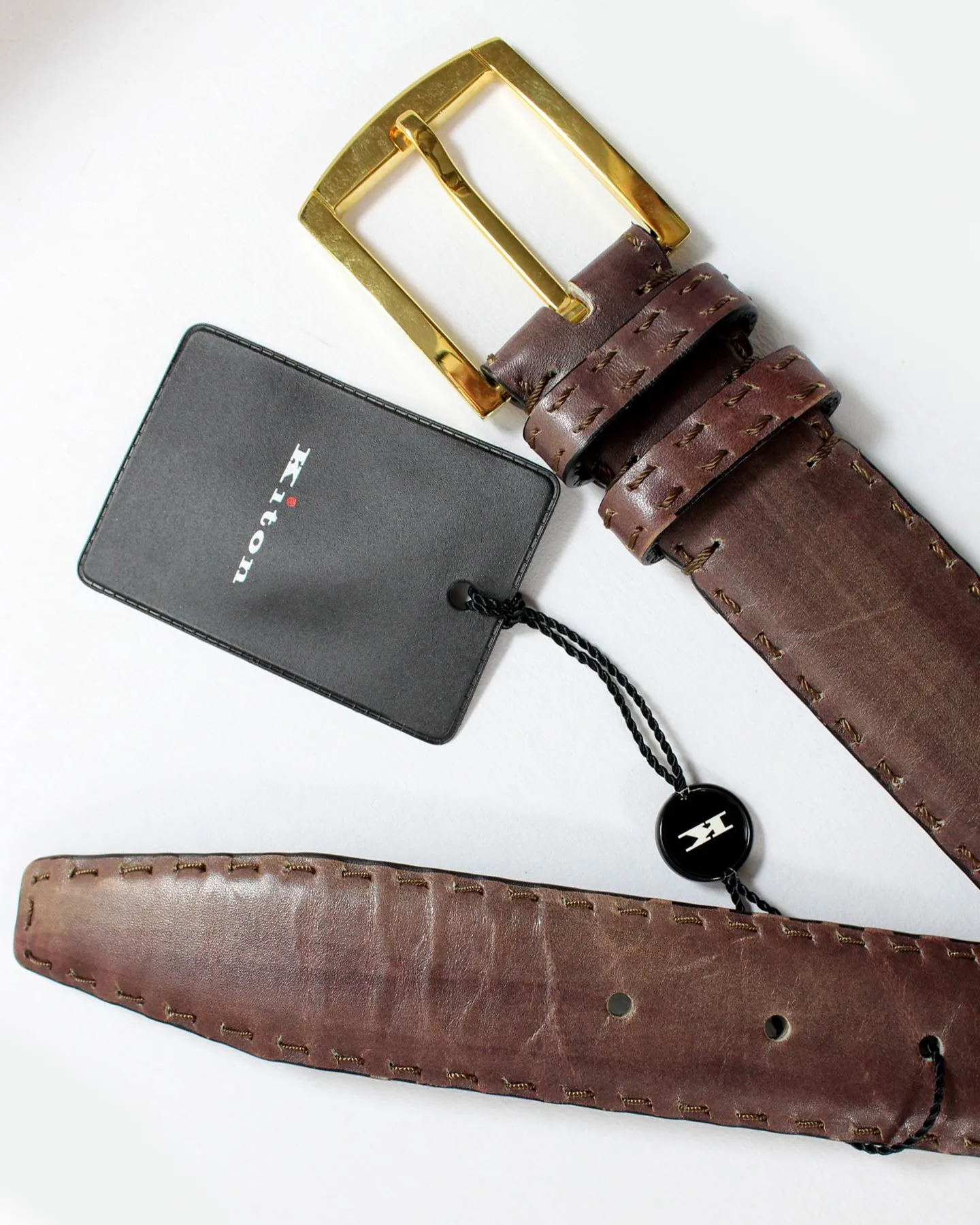 Kiton Leather Belt Brown Stitch Hand Dyed 110/ 44