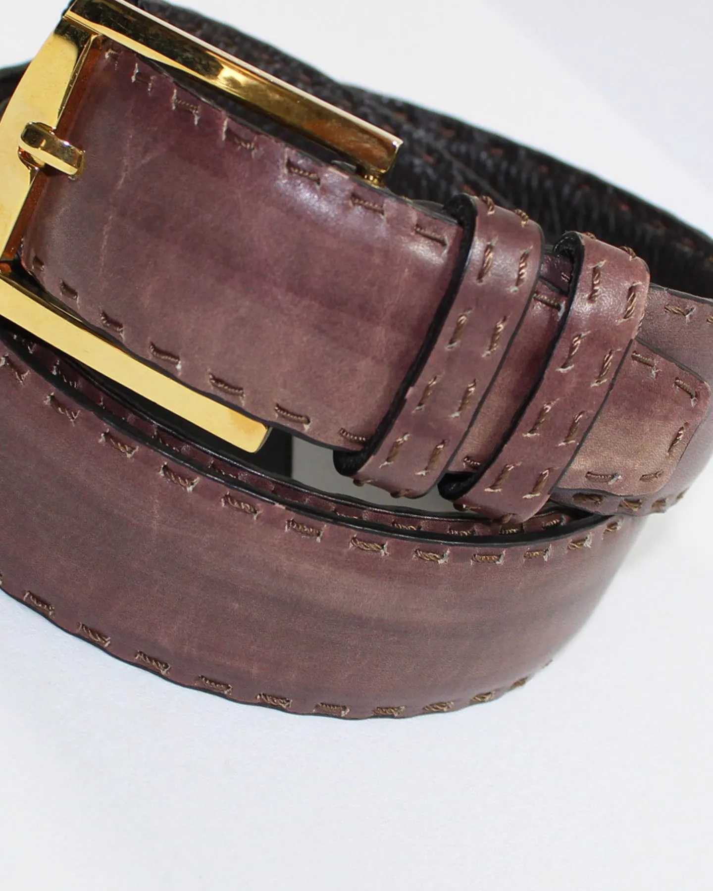 Kiton Leather Belt Brown Stitch Hand Dyed 110/ 44