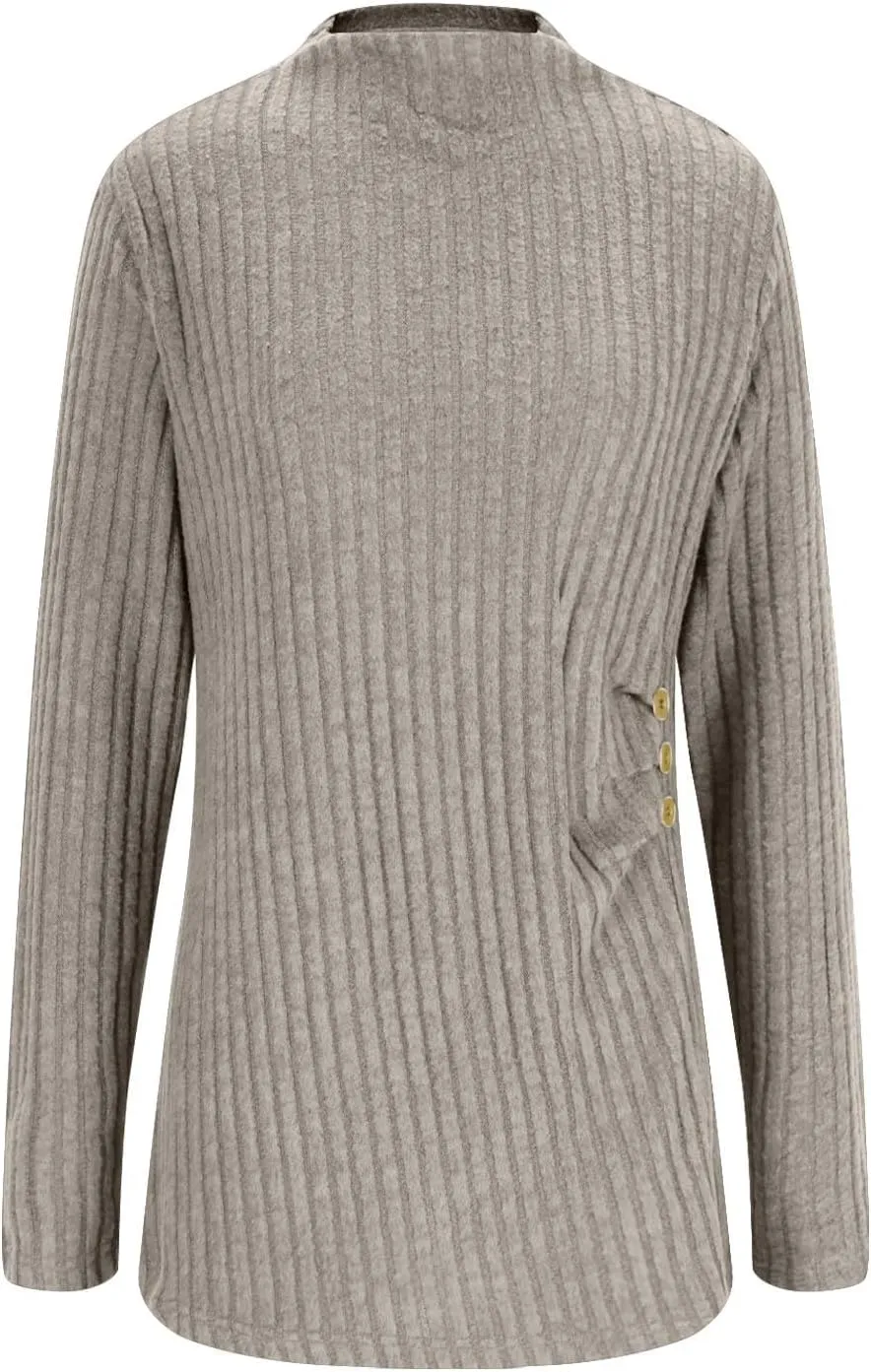 Knit Turtleneck Sweater Women Trendy Side Button Oversized Sweaters Casual Long Sleeve Shirts Tops Cute Tunic Sweaters