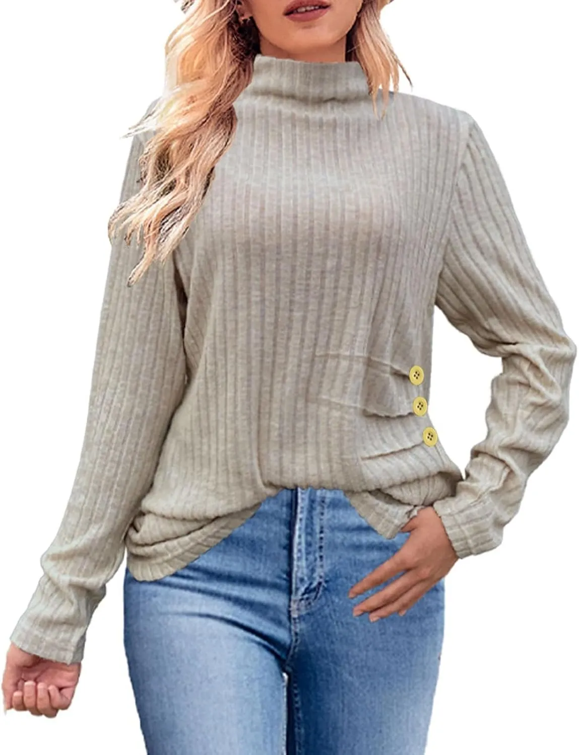 Knit Turtleneck Sweater Women Trendy Side Button Oversized Sweaters Casual Long Sleeve Shirts Tops Cute Tunic Sweaters
