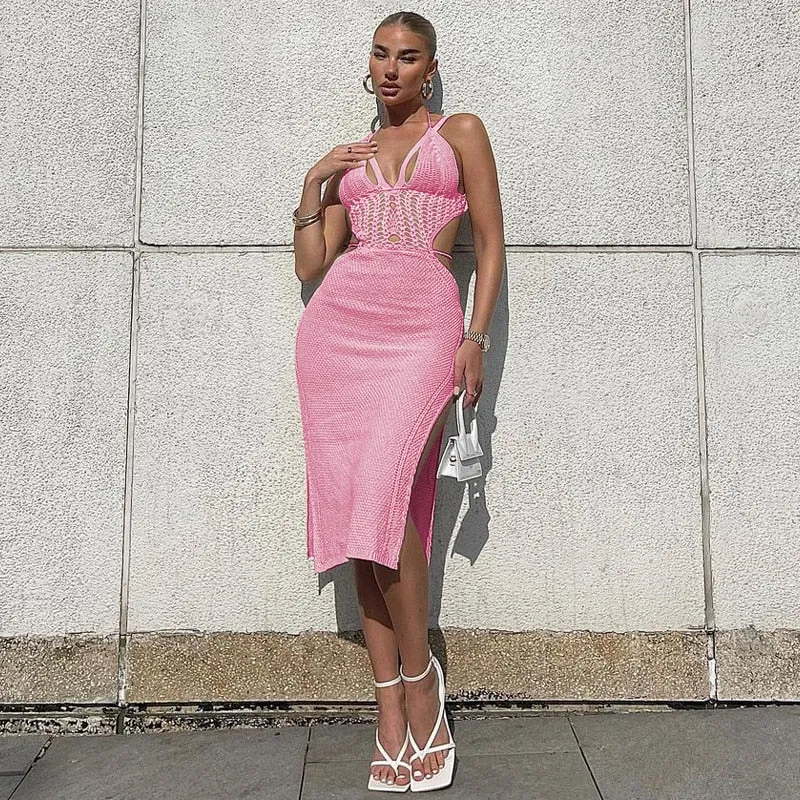 Knitted Cut Out Halter Backless Dress