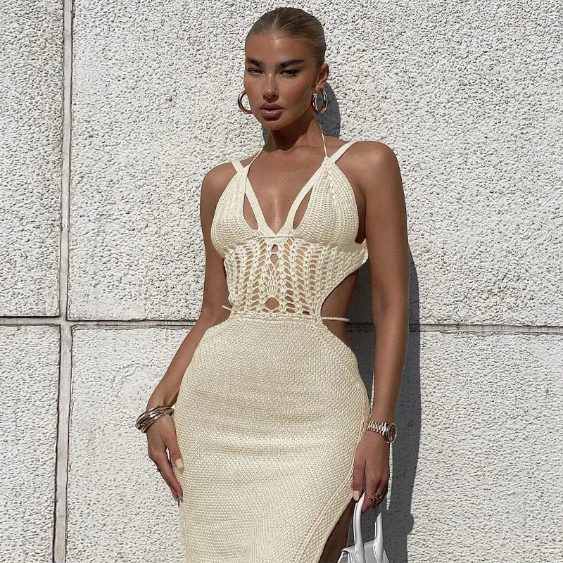 Knitted Cut Out Halter Backless Dress