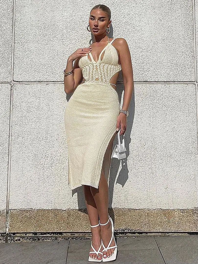 Knitted Cut Out Halter Backless Dress