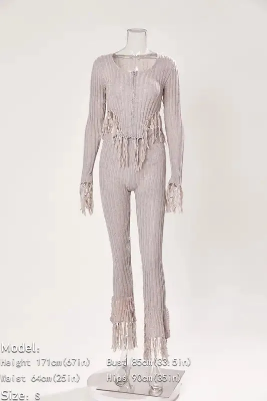 Knitted Sweater Tassel Decor Split Ankle Pant Set
