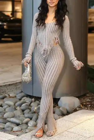 Knitted Sweater Tassel Decor Split Ankle Pant Set