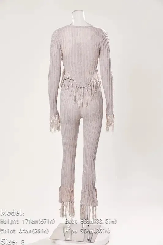 Knitted Sweater Tassel Decor Split Ankle Pant Set