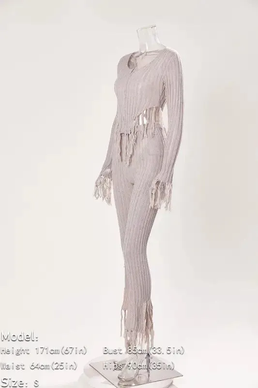 Knitted Sweater Tassel Decor Split Ankle Pant Set