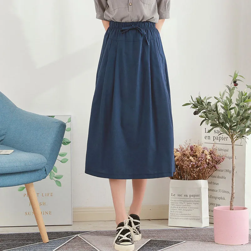 Korean Plus Size Solid Colored Loose Cotton Blend Women Elastic Waist High Skirt
