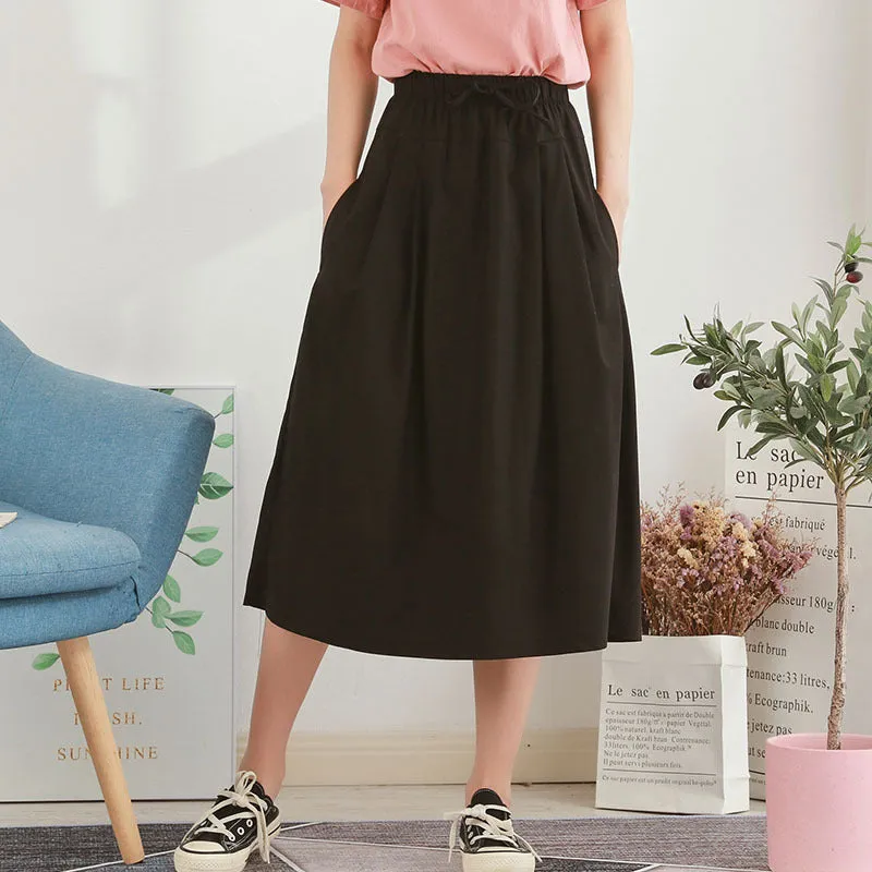 Korean Plus Size Solid Colored Loose Cotton Blend Women Elastic Waist High Skirt