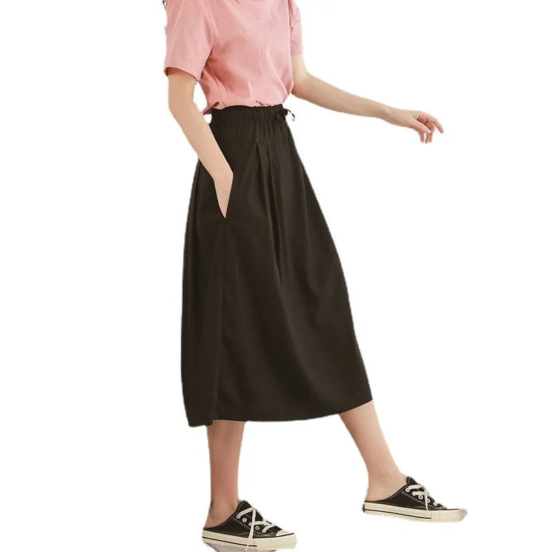 Korean Plus Size Solid Colored Loose Cotton Blend Women Elastic Waist High Skirt