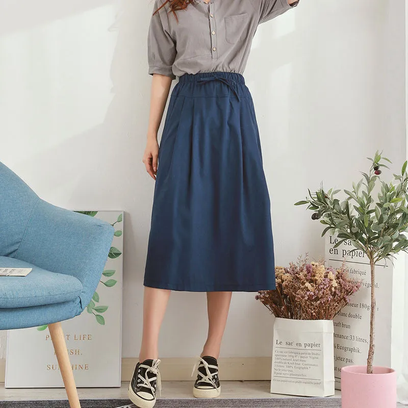Korean Plus Size Solid Colored Loose Cotton Blend Women Elastic Waist High Skirt