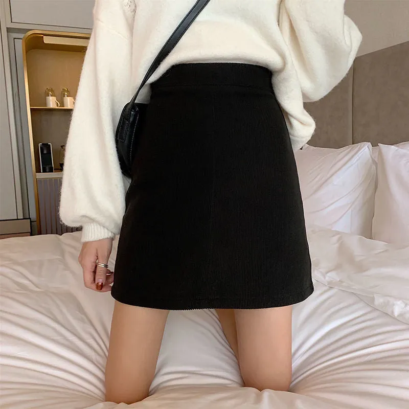 Korean Skirt High Waist Slim Look All-Matching A-Line Trendy Student Solid Colored Women Skirt