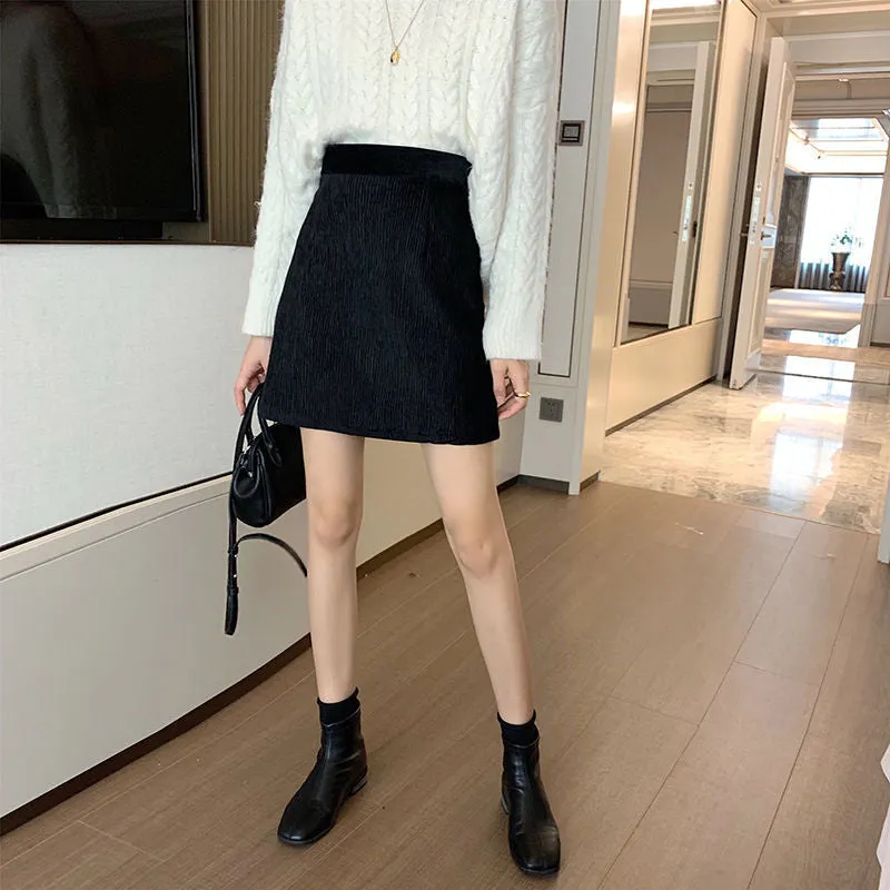 Korean Skirt High Waist Slim Look All-Matching A-Line Trendy Student Solid Colored Women Skirt