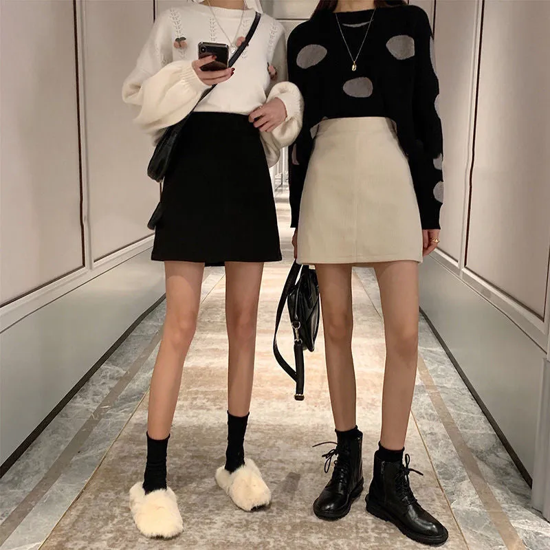 Korean Skirt High Waist Slim Look All-Matching A-Line Trendy Student Solid Colored Women Skirt