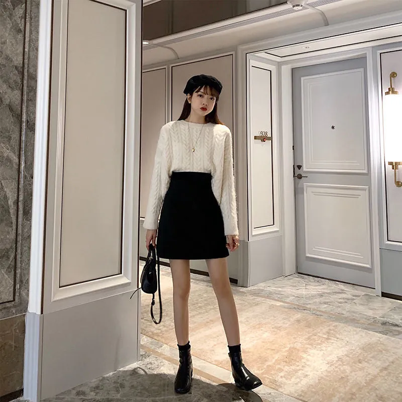 Korean Skirt High Waist Slim Look All-Matching A-Line Trendy Student Solid Colored Women Skirt