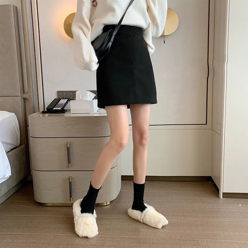 Korean Skirt High Waist Slim Look All-Matching A-Line Trendy Student Solid Colored Women Skirt