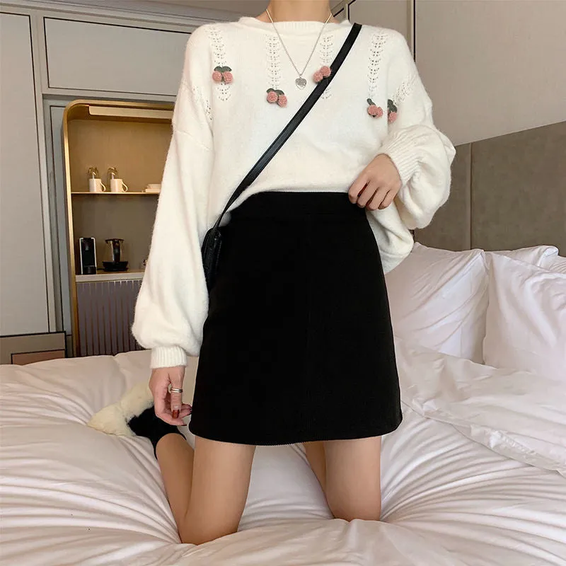 Korean Skirt High Waist Slim Look All-Matching A-Line Trendy Student Solid Colored Women Skirt