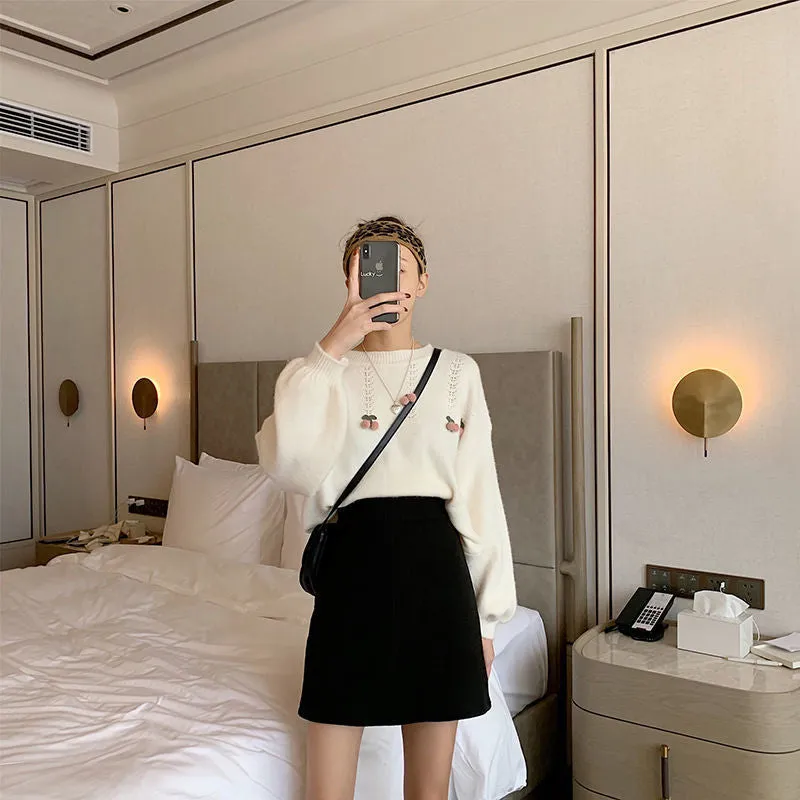 Korean Skirt High Waist Slim Look All-Matching A-Line Trendy Student Solid Colored Women Skirt