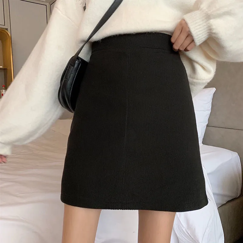Korean Skirt High Waist Slim Look All-Matching A-Line Trendy Student Solid Colored Women Skirt