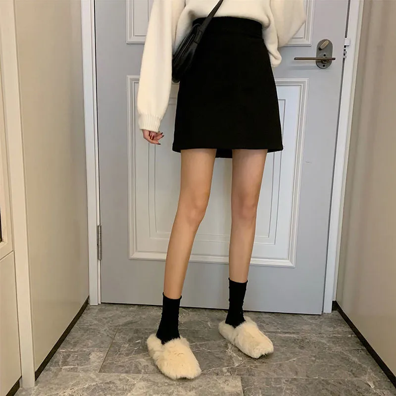 Korean Skirt High Waist Slim Look All-Matching A-Line Trendy Student Solid Colored Women Skirt
