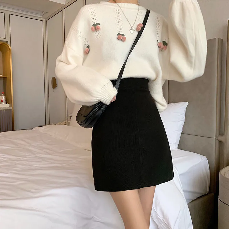 Korean Skirt High Waist Slim Look All-Matching A-Line Trendy Student Solid Colored Women Skirt