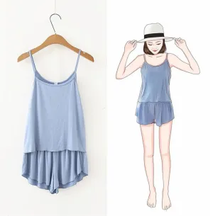 Korean Summer Orange Short Pants Sets Women Home Two-Piece Solid Colored Student Pajamas