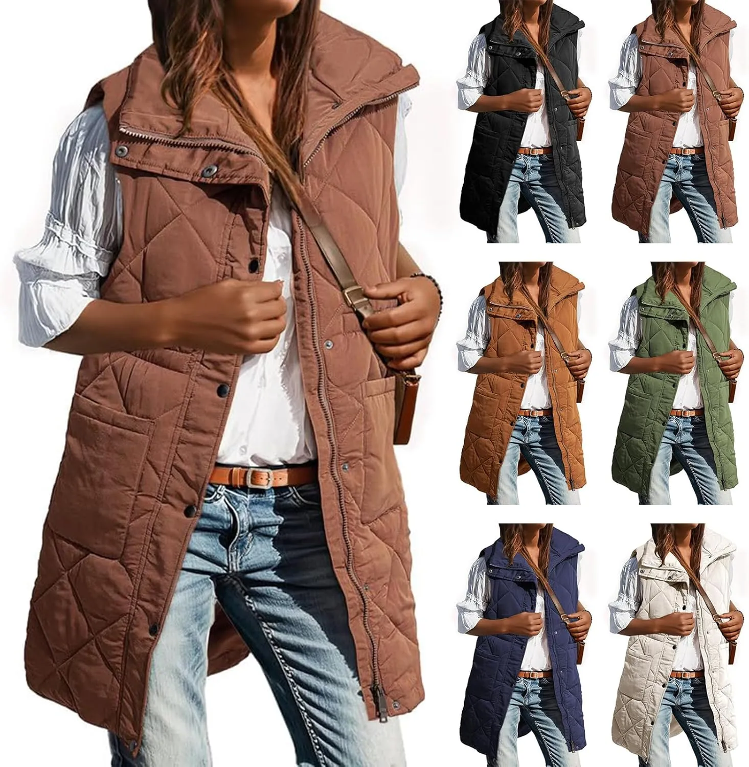 Kubbon Women's Long Puffer Vest Sleeveless Stand Collar Jackets Coat Lightweight Zip Up Quilted Puffy Outerwear with Pockets