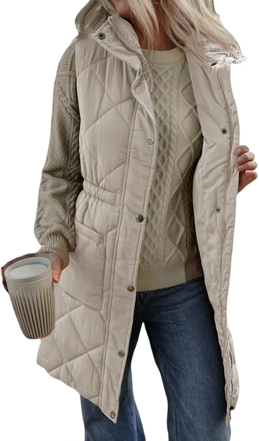 Kubbon Women's Long Puffer Vest Sleeveless Stand Collar Jackets Coat Lightweight Zip Up Quilted Puffy Outerwear with Pockets
