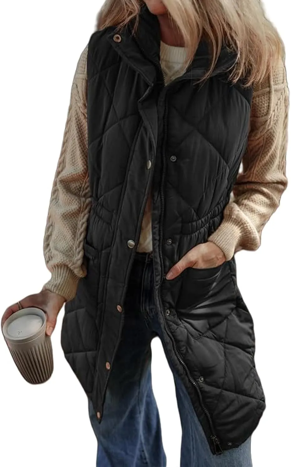Kubbon Women's Long Puffer Vest Sleeveless Stand Collar Jackets Coat Lightweight Zip Up Quilted Puffy Outerwear with Pockets