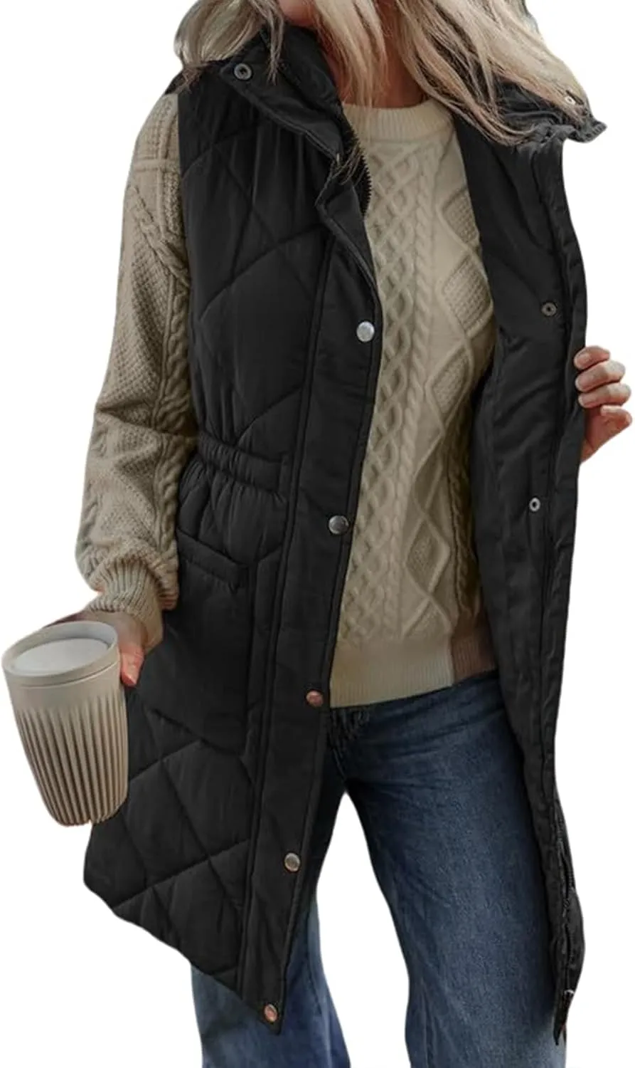 Kubbon Women's Long Puffer Vest Sleeveless Stand Collar Jackets Coat Lightweight Zip Up Quilted Puffy Outerwear with Pockets
