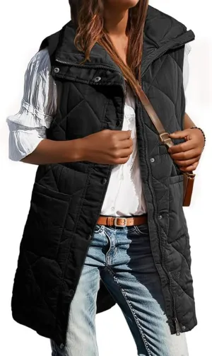 Kubbon Women's Long Puffer Vest Sleeveless Stand Collar Jackets Coat Lightweight Zip Up Quilted Puffy Outerwear with Pockets