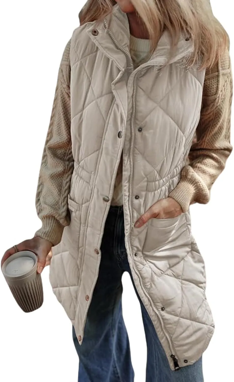 Kubbon Women's Long Puffer Vest Sleeveless Stand Collar Jackets Coat Lightweight Zip Up Quilted Puffy Outerwear with Pockets