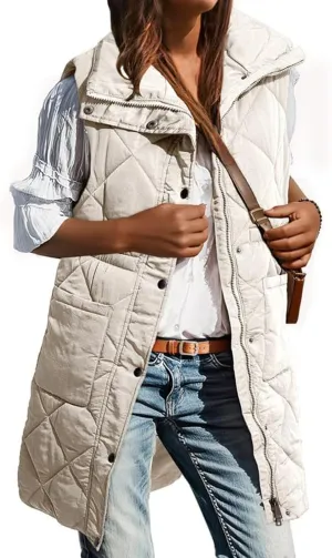 Kubbon Women's Long Puffer Vest Sleeveless Stand Collar Jackets Coat Lightweight Zip Up Quilted Puffy Outerwear with Pockets