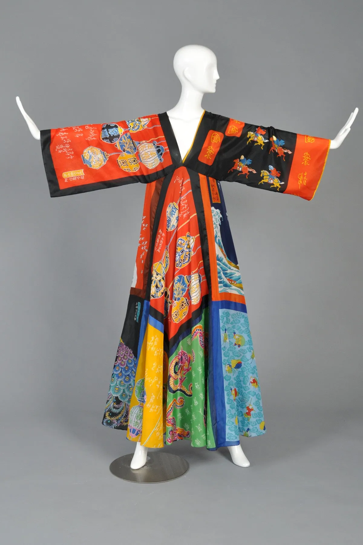 La Vetta 1970s Silk Scarf Maxi Dress with Full Sweep