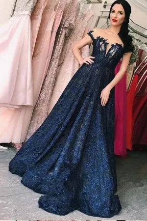 Lace A-line Dark Blue Long Prom Dress,V Neck Evening Dresses PFP0140
