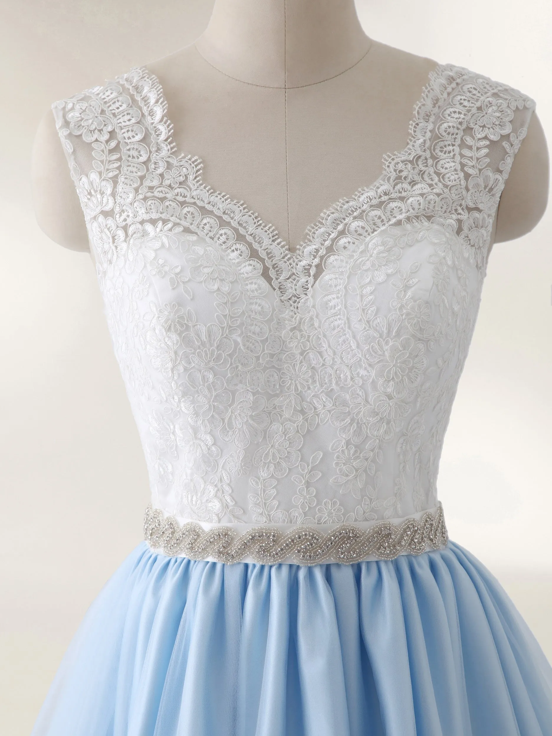 Lace Bodice Tulle Skirt Bridal Dress with Sash-Ivory