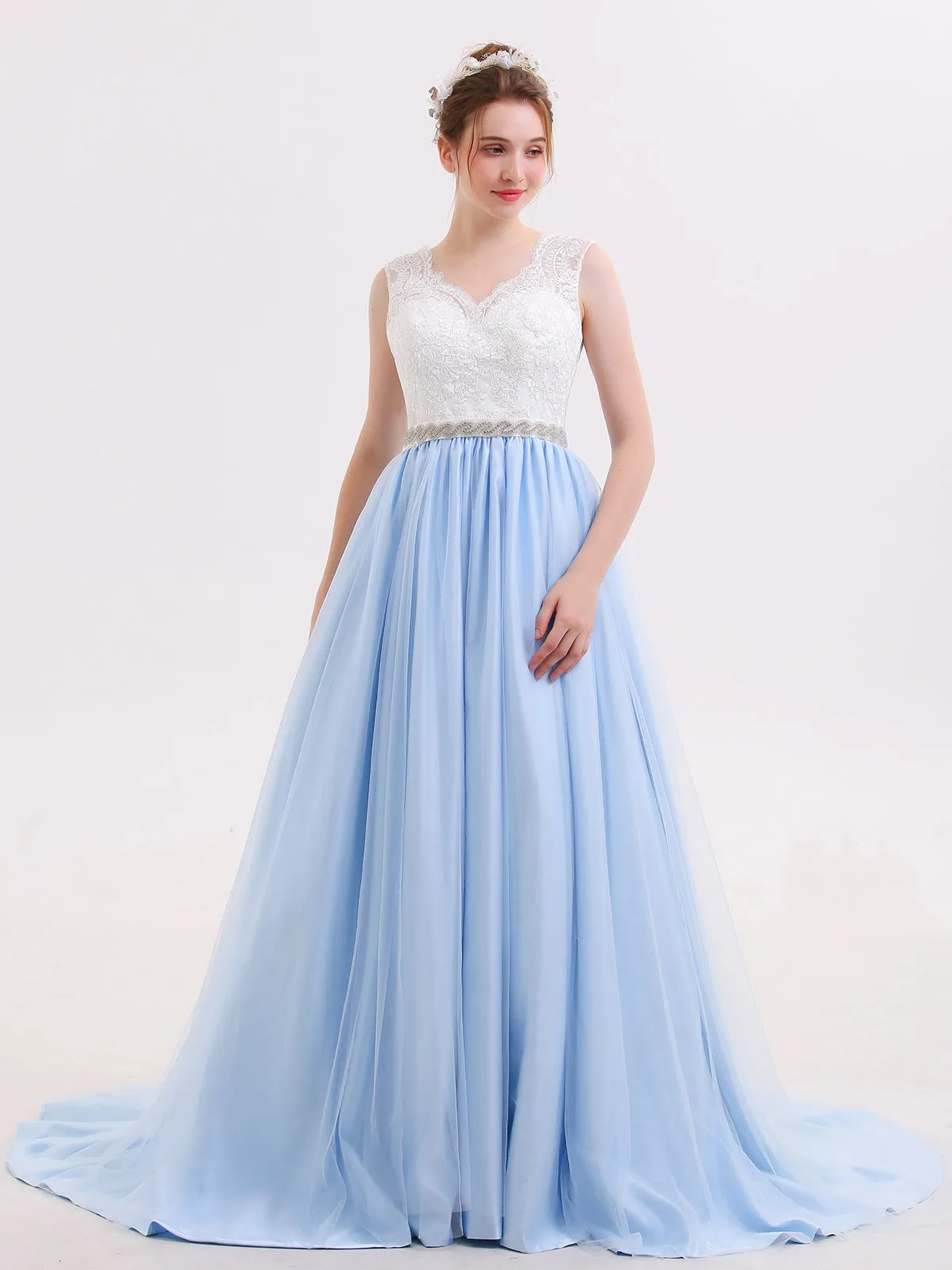Lace Bodice Tulle Skirt Bridal Dress with Sash-Ivory