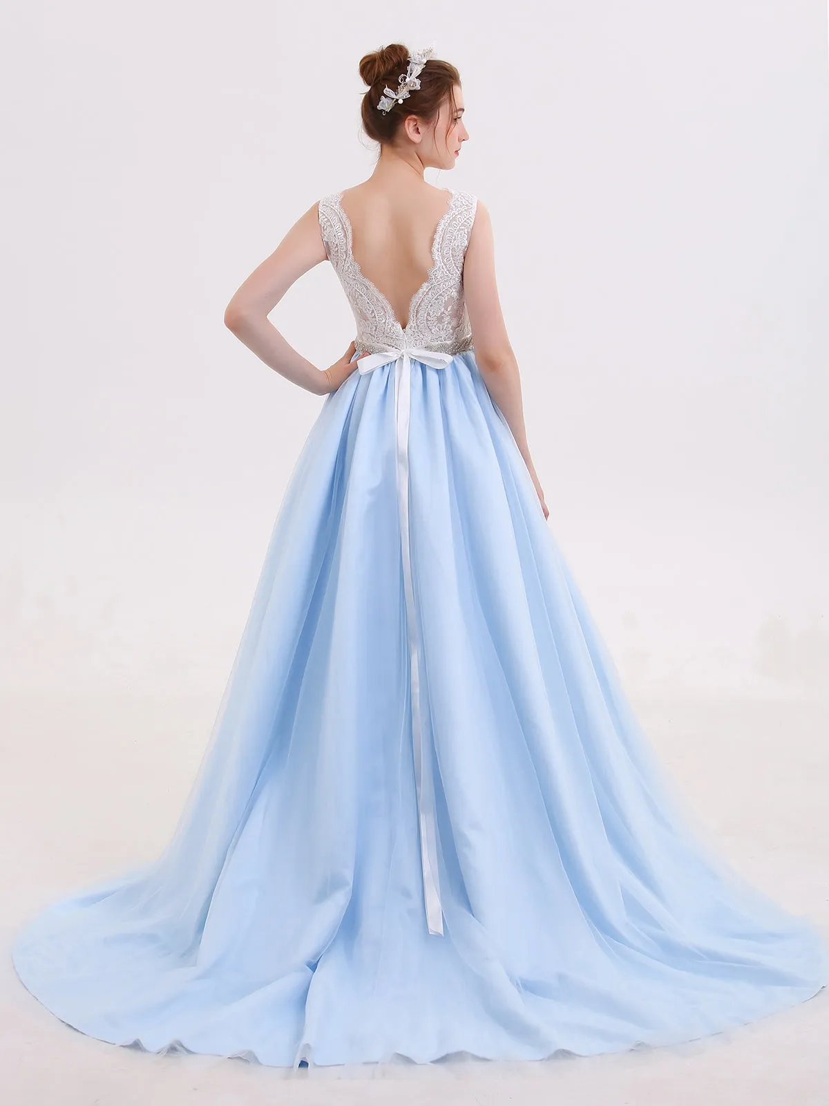 Lace Bodice Tulle Skirt Bridal Dress with Sash-Ivory