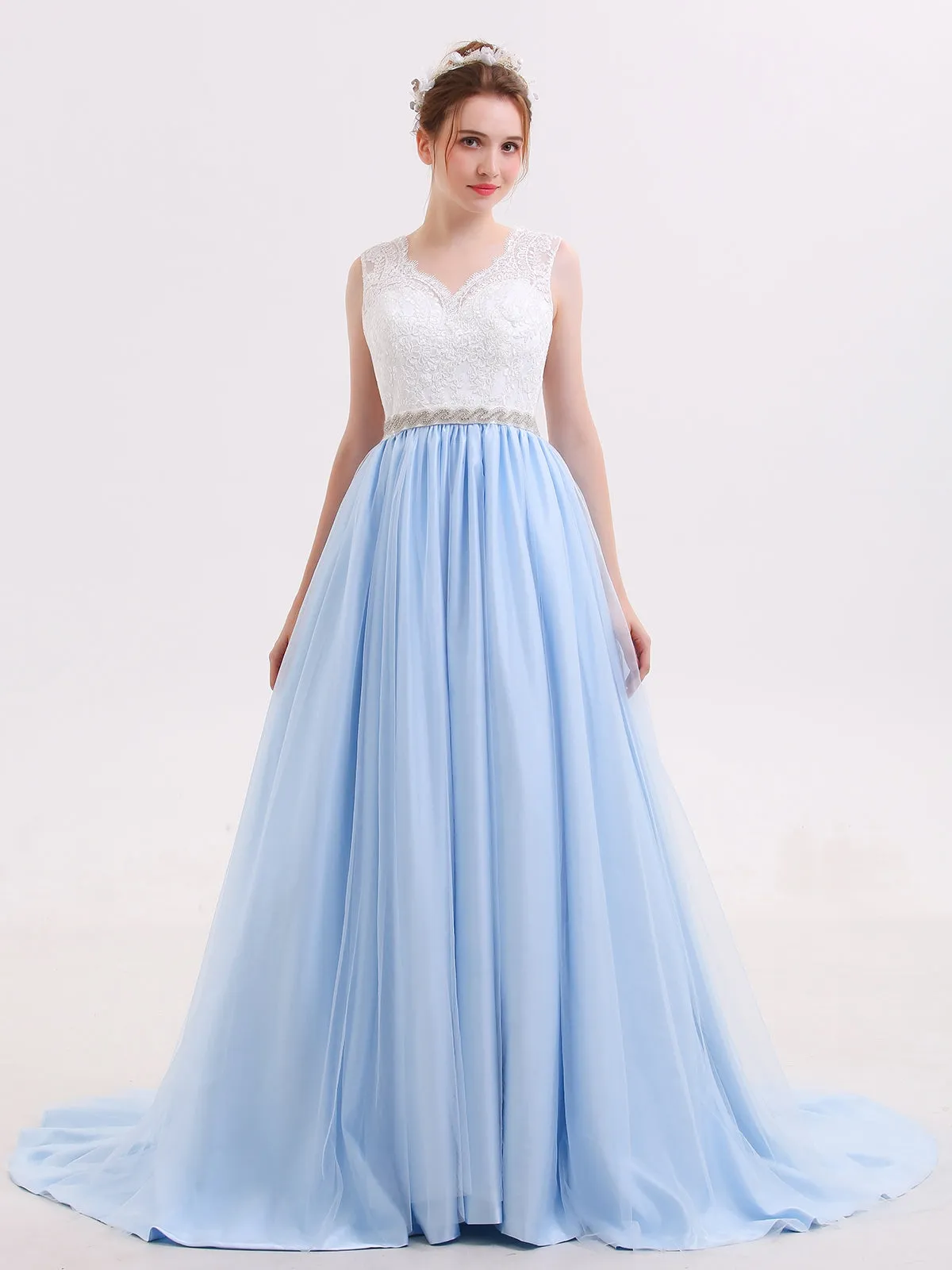 Lace Bodice Tulle Skirt Bridal Dress with Sash-Ivory