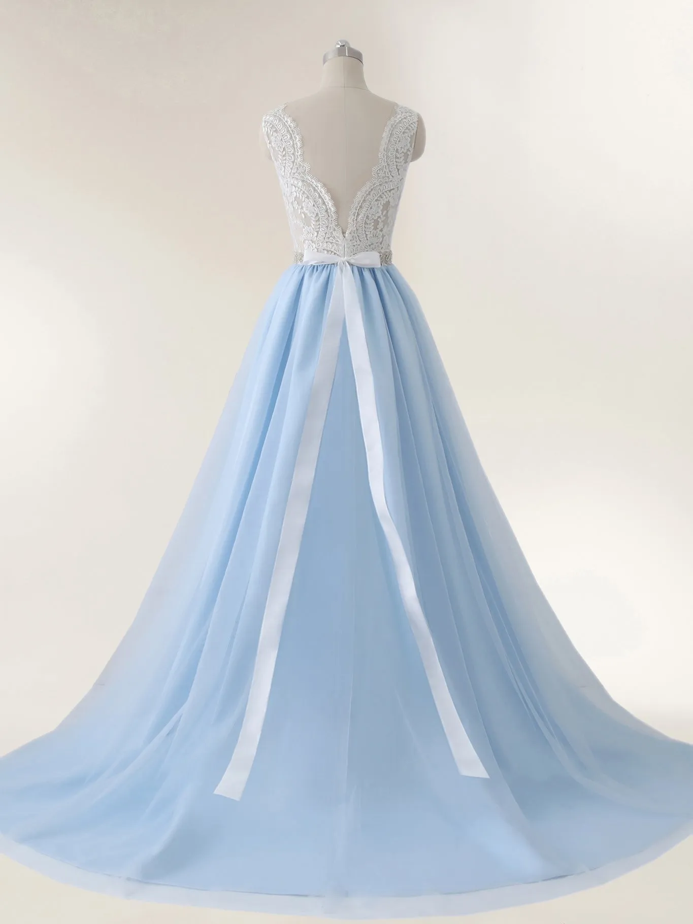 Lace Bodice Tulle Skirt Bridal Dress with Sash-Ivory