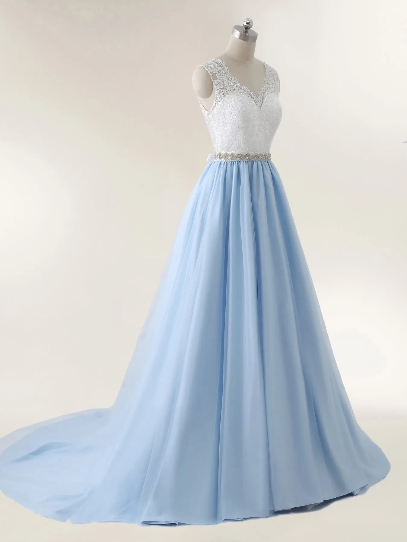 Lace Bodice Tulle Skirt Bridal Dress with Sash-Ivory