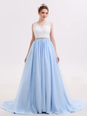 Lace Bodice Tulle Skirt Bridal Dress with Sash-Ivory