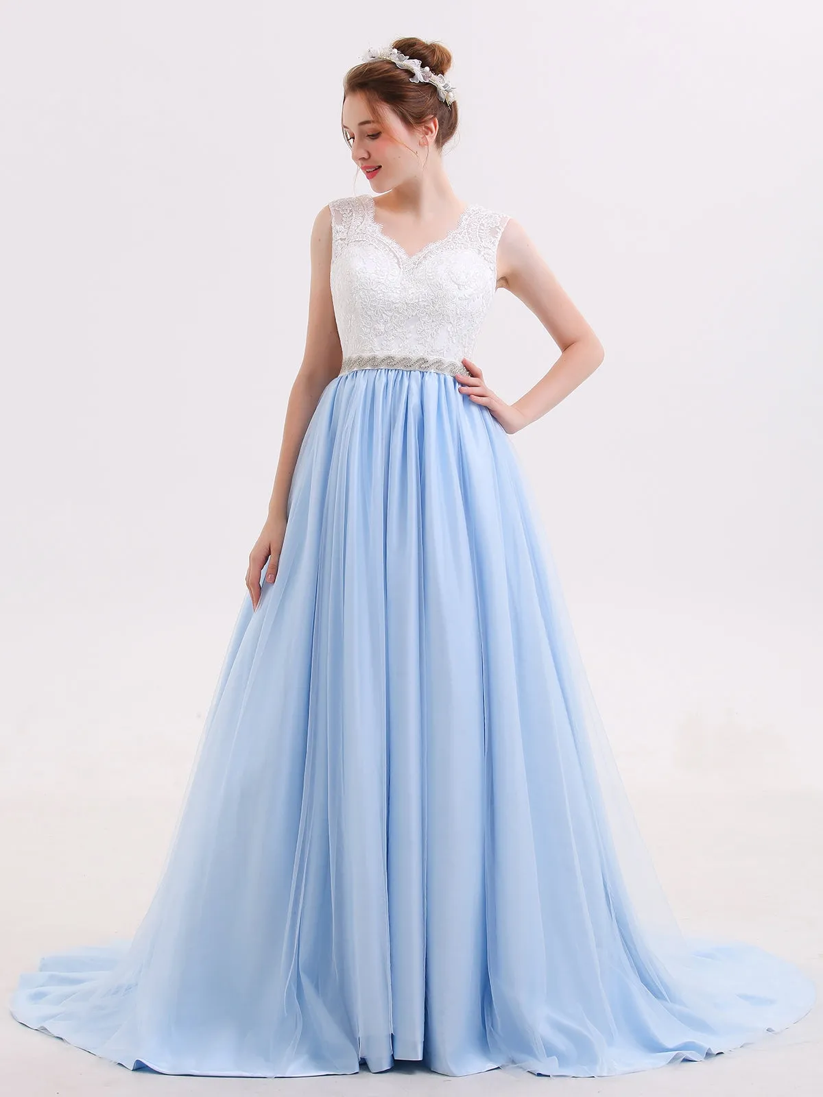 Lace Bodice Tulle Skirt Bridal Dress with Sash-Ivory