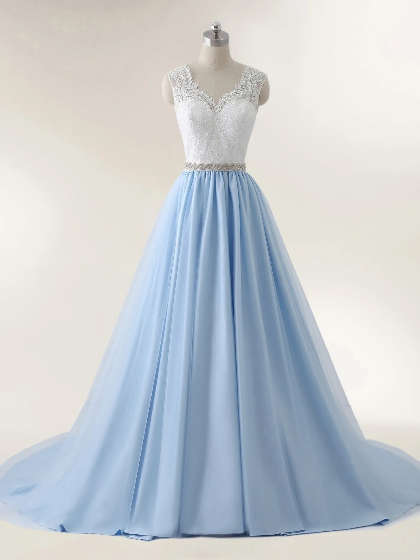 Lace Bodice Tulle Skirt Bridal Dress with Sash-Ivory