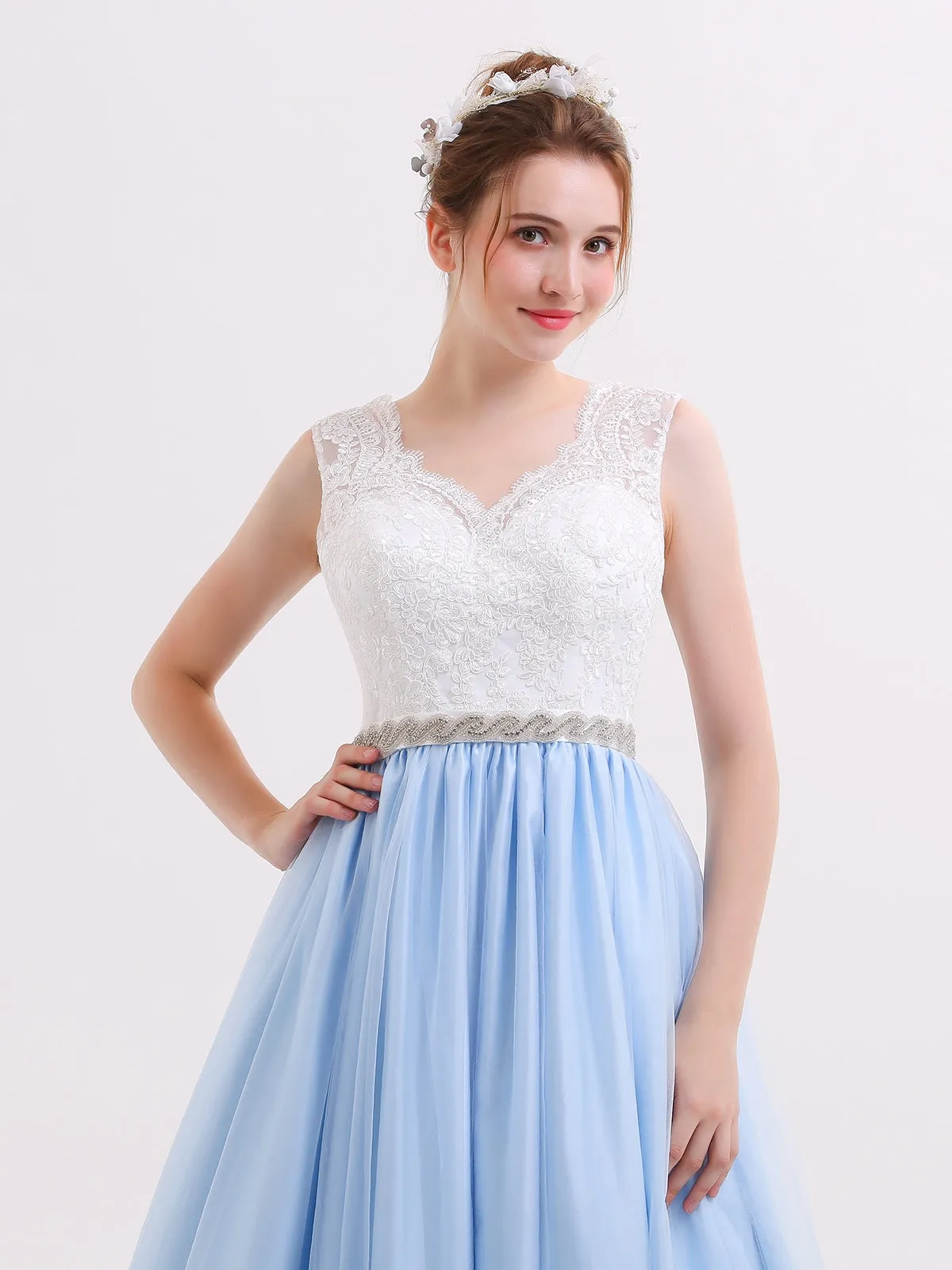 Lace Bodice Tulle Skirt Bridal Dress with Sash-Ivory