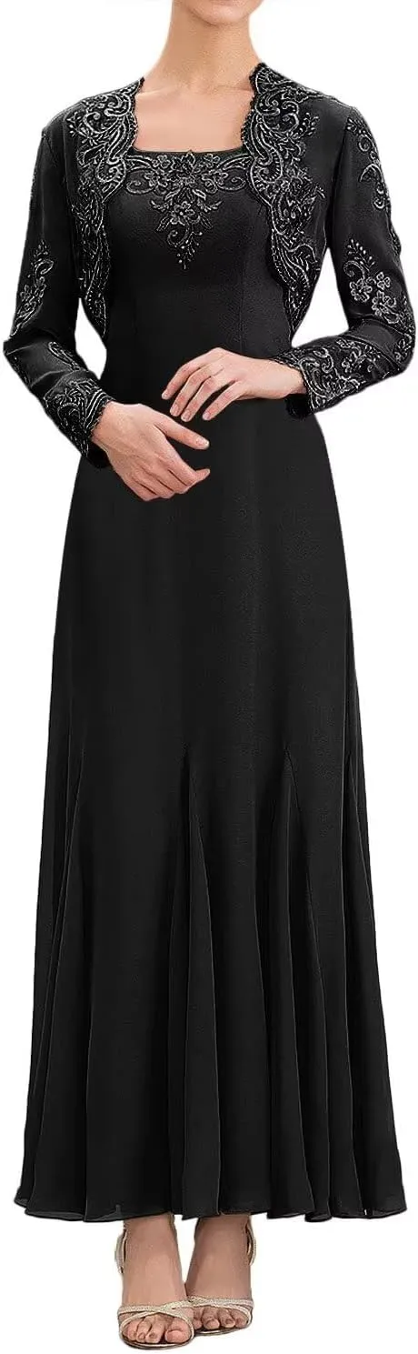 Lace Mother of The Bride Dresses with Jacket Long Sleeve Chiffon Ruffle Wedding Guest Dresses for Women