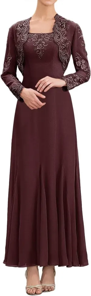 Lace Mother of The Bride Dresses with Jacket Long Sleeve Chiffon Ruffle Wedding Guest Dresses for Women