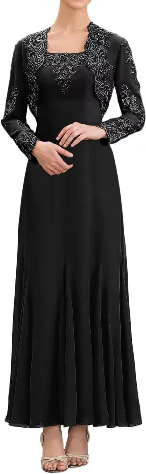 Lace Mother of The Bride Dresses with Jacket Long Sleeve Chiffon Ruffle Wedding Guest Dresses for Women